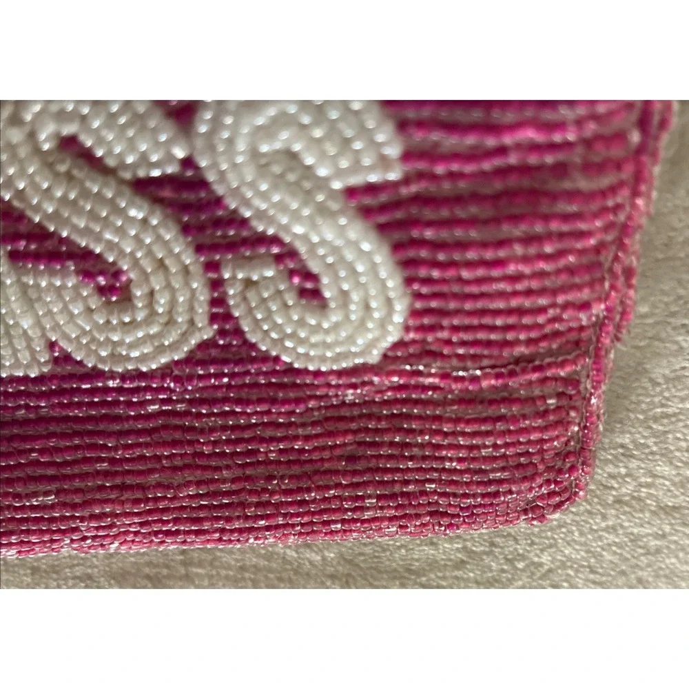 Kiss Beaded Coin Purse Pink White 5x4